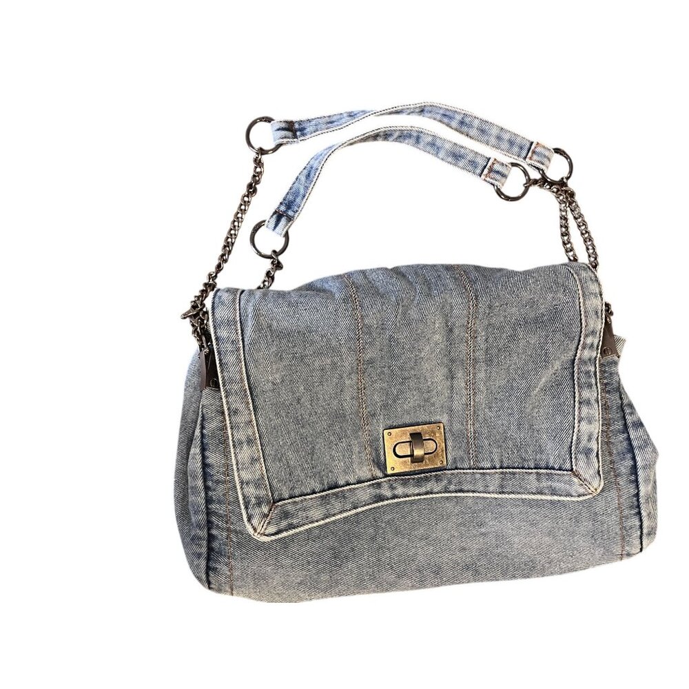 Denim Shoulder Bag with Chain Strap - Blue